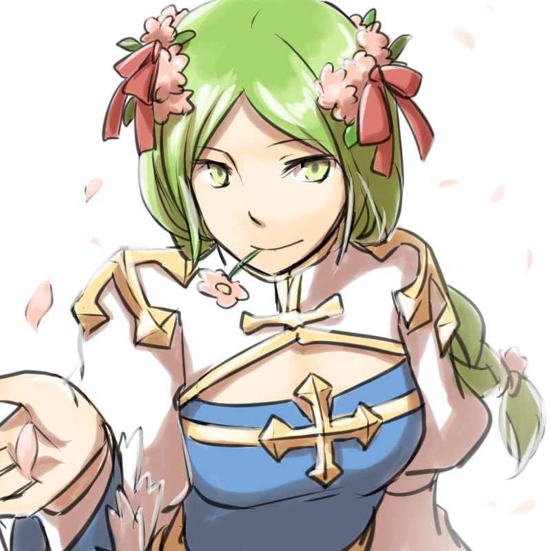 1girl arch_bishop_(ragnarok_online) bangs blue_dress bow braid braided_ponytail breasts cleavage_cutout closed_mouth clothing_cutout commentary_request cross dress eyebrows_visible_through_hair flower flower_in_mouth green_eyes green_hair head_wreath juliet_sleeves long_hair long_sleeves looking_at_viewer medium_breasts natsuya_(kuttuki) petals pink_flower puffy_sleeves ragnarok_online red_bow simple_background smile solo two-tone_dress upper_body white_background white_dress
