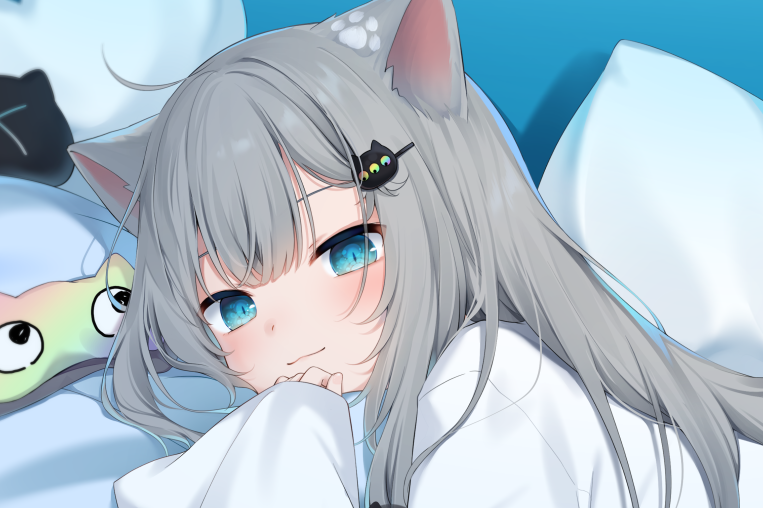 1girl :3 amashiro_natsuki animal_ears aqua_eyes bangs blush cat_ears cat_girl closed_mouth eyebrows_behind_hair eyes_visible_through_hair fingernails grey_hair hair_ornament hairclip head_on_pillow long_hair looking_at_viewer nacho_(amashiro_natsuki) original paw_print pillow shirt sleep_mask sleepwear smile tagme white_shirt