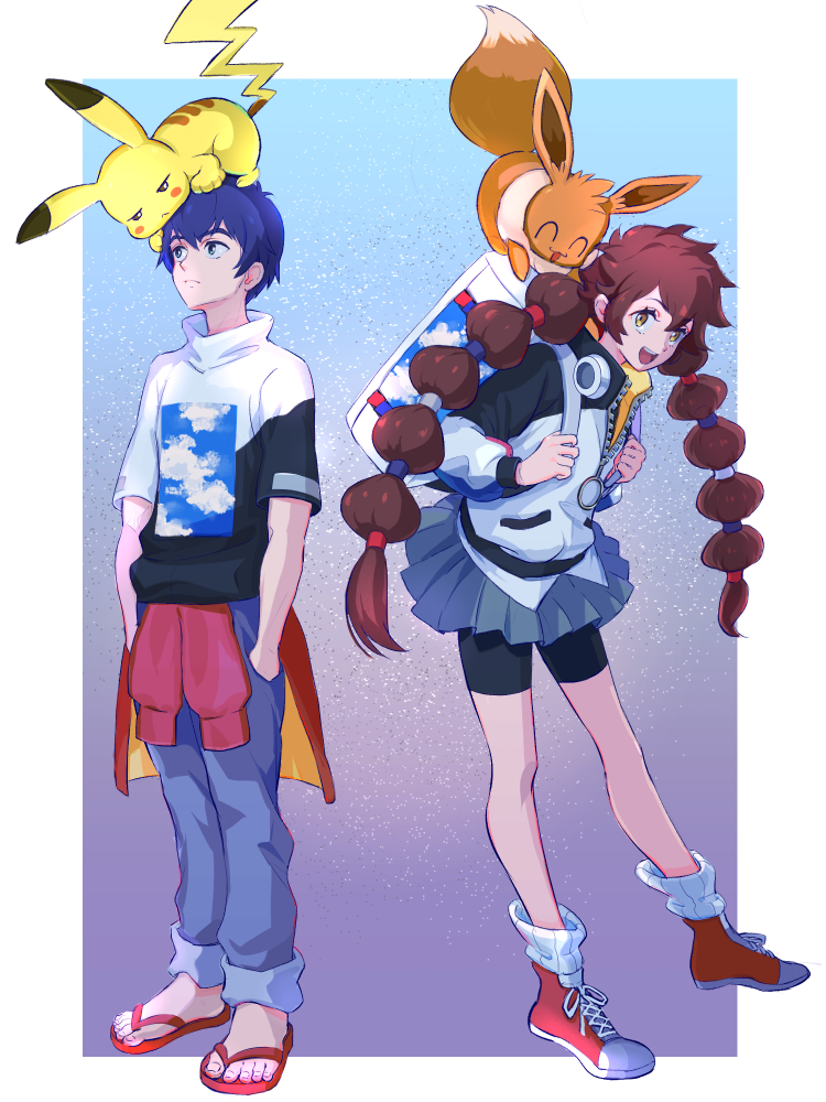 1boy 1girl :d backpack bag bangs bike_shorts_under_skirt brown_hair clothes_around_waist eevee eyelashes gotcha! gotcha!_boy_(pokemon) gotcha!_girl_(pokemon) grey_pants grey_skirt hands_in_pockets holding_strap jacket long_hair loose_socks mitama_(mokochiko) multi-tied_hair on_head open_mouth pants pikachu pleated_skirt pokemon pokemon_(creature) pokemon_on_head red_footwear sandals shirt shoes skirt smile standing teeth toes tongue upper_teeth zipper