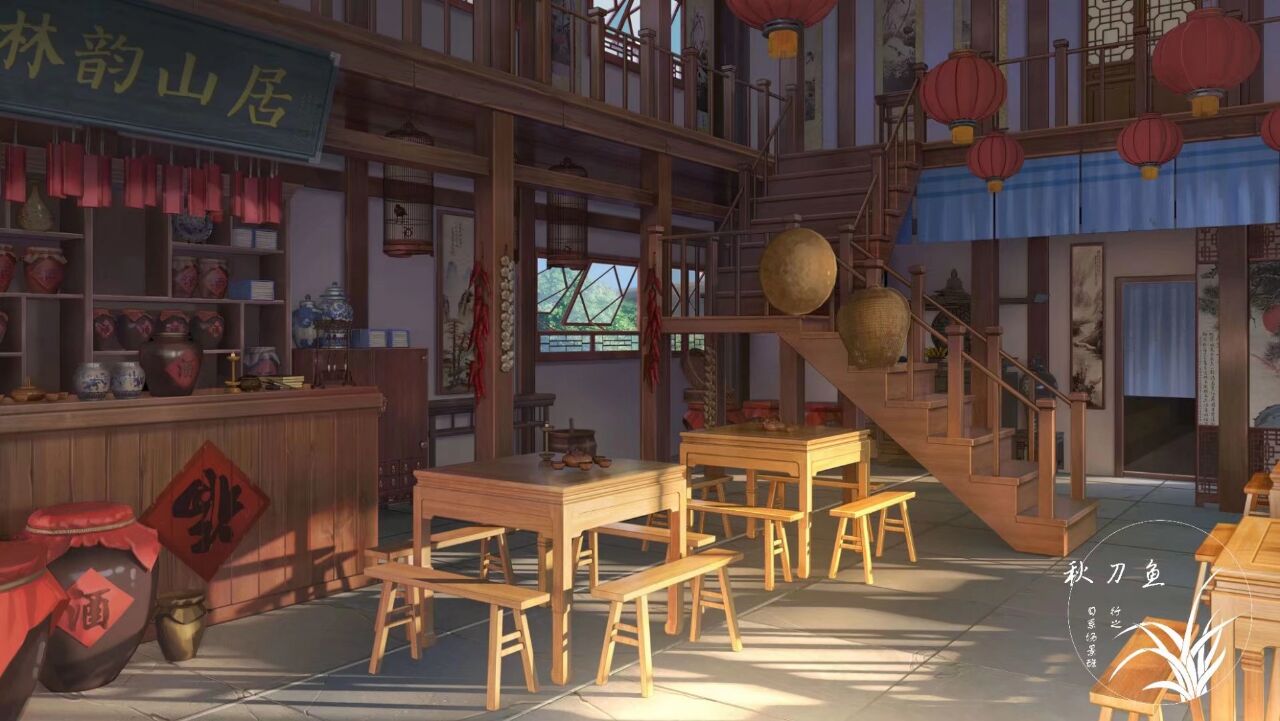 alcohol architecture artist_name bar book book_stack chair chinese_commentary chinese_text commentary_request day east_asian_architecture lantern no_humans original painting_(object) plant scenery shade shelf sign sky stairs sunlight table tree vase wine xingzhi_lv