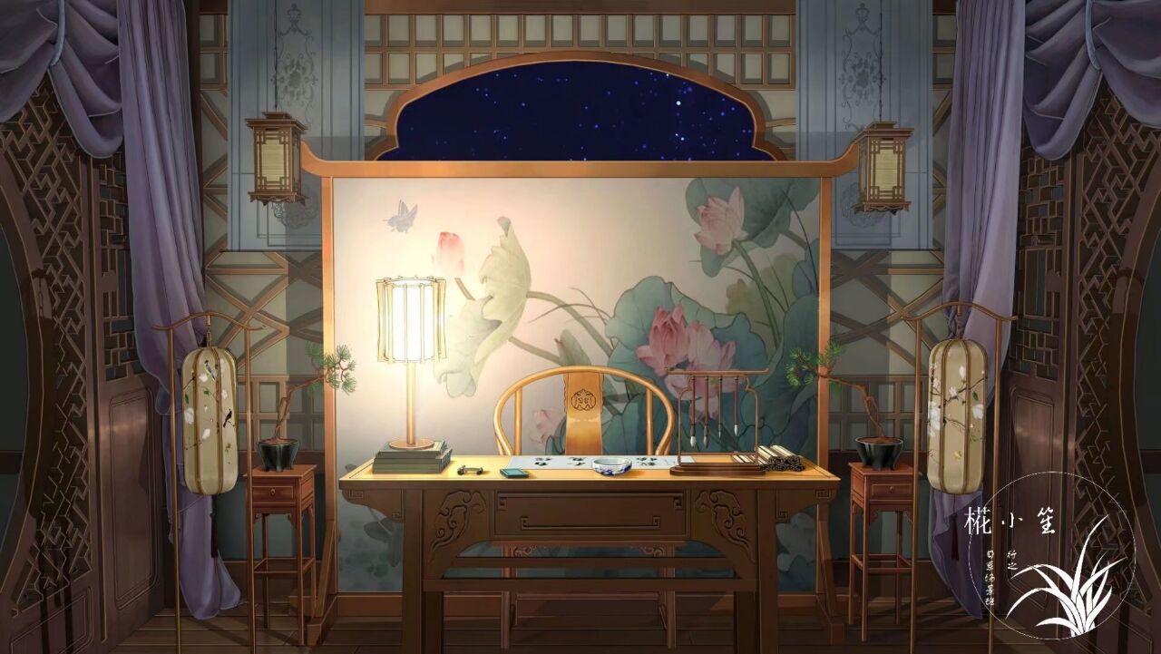 architecture artist_name calligraphy calligraphy_brush chair chinese_commentary commentary_request curtains desk east_asian_architecture flower_pot lamp light night night_sky no_humans original paintbrush painting paper plant scenery scroll sky star_(sky) tree xingzhi_lv