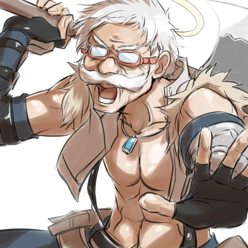 1boy abs axe black_gloves blue_pants commentary_request crop_top facial_hair fingerless_gloves fur-trimmed_shirt fur_trim glasses gloves halo holding holding_axe jewelry looking_at_viewer male_focus mustache natsuya_(kuttuki) necklace old old_man opaque_glasses open_clothes open_mouth open_shirt pants ragnarok_online rectangular_eyewear red-framed_eyewear shirt short_hair simple_background solo suspenders vambraces white_background white_shirt whitesmith_(ragnarok_online)