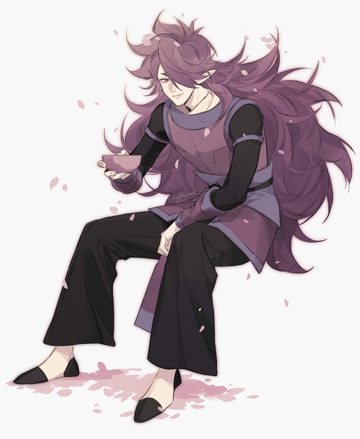 1boy bean_mr12 black_pants bowl fengxi_(the_legend_of_luoxiaohei) full_body hair_over_one_eye highres holding holding_bowl invisible_chair long_hair long_sleeves pants petals pointy_ears purple_hair signature simple_background sitting smile solo the_legend_of_luo_xiaohei very_long_hair white_background