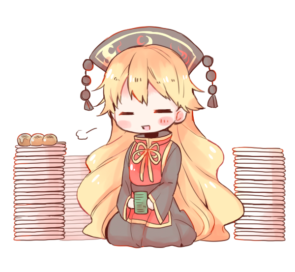 1girl =3 =_= bangs blonde_hair blush blush_stickers chinese_clothes comfy crescent dango dress food green_tea hair_between_eyes happy junko_(touhou) long_hair long_sleeves moon_(ornament) nakukoroni open_mouth plate pom_pom_(clothes) relaxed seiza simple_background sitting smile solo tabard tea textless wagashi white_background wide_sleeves