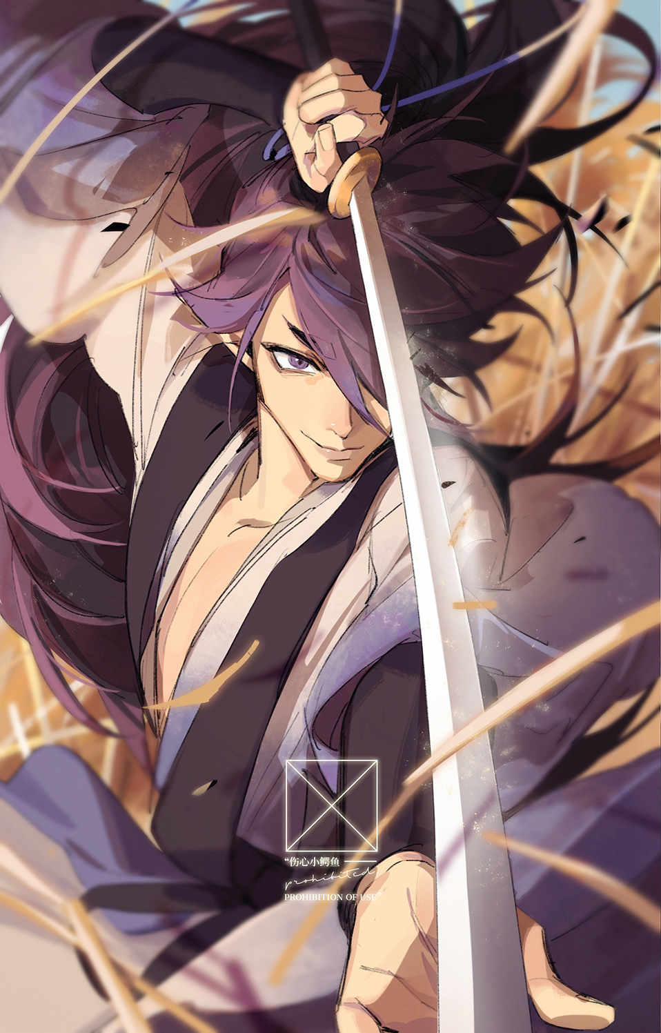 1boy action bean_mr12 fengxi_(the_legend_of_luoxiaohei) hair_over_one_eye highres holding holding_sword holding_weapon long_hair long_sleeves purple_hair shadow signature solo sword the_legend_of_luo_xiaohei upper_body very_long_hair violet_eyes weapon