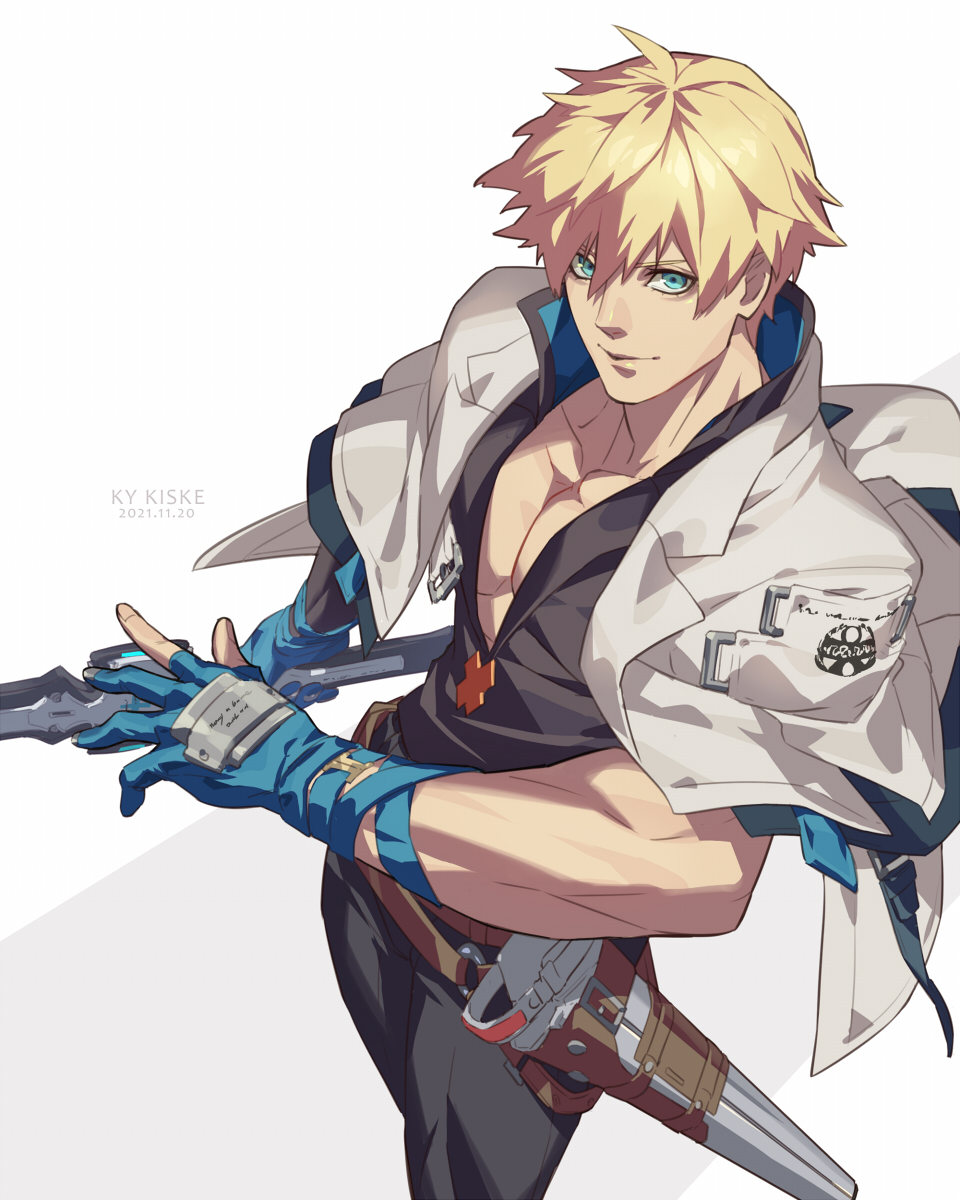 1boy antenna_hair bare_pectorals belt blonde_hair blue_eyes blue_gloves character_name closed_mouth collarbone dated fingerless_gloves fingernails gloves guilty_gear guilty_gear_strive hair_between_eyes highres holding holding_sword holding_weapon ky_kiske male_focus muscular muscular_male partially_fingerless_gloves pectorals scabbard sheath smile solo sword talgi unsheathed weapon x