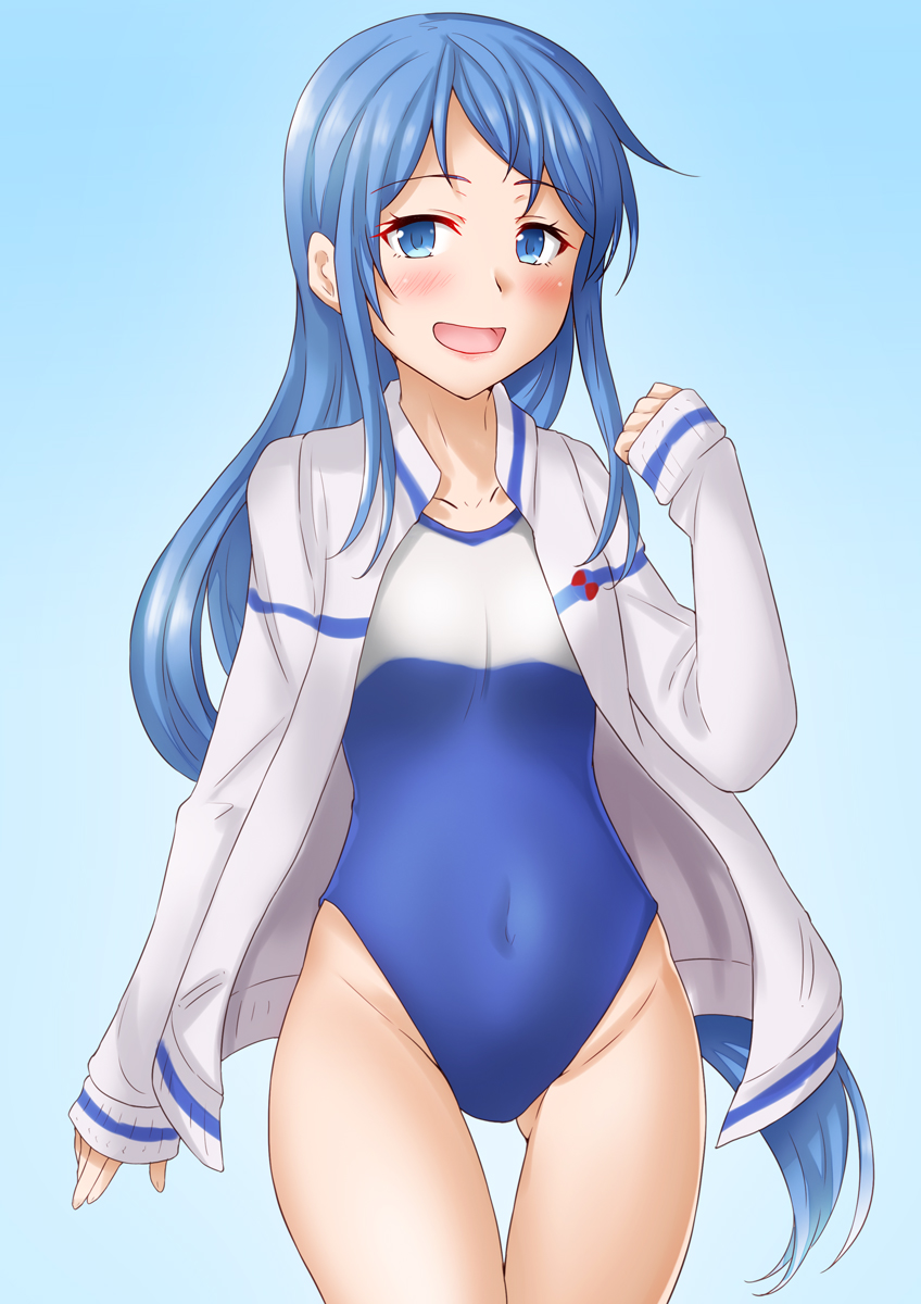 1girl anti_(untea9) blue_background blue_eyes blue_hair blue_swimsuit blush commentary_request eyebrows_visible_through_hair high_school_fleet highres kantai_collection long_hair looking_at_viewer one-piece_swimsuit open_clothes open_mouth open_shirt samidare_(kancolle) school_swimsuit shirt smile solo swimsuit white_shirt