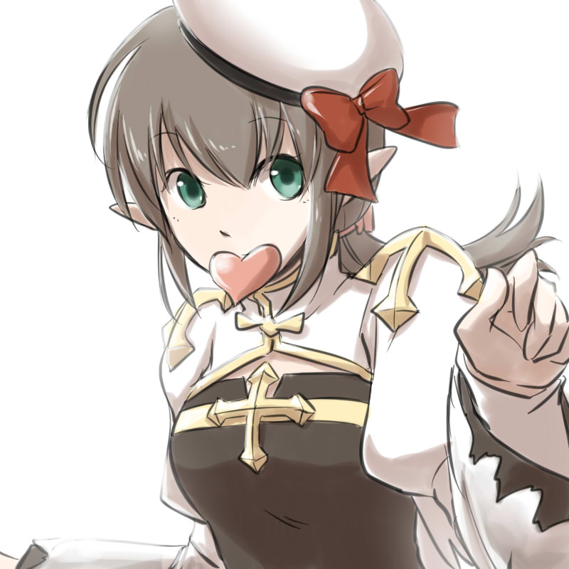 1girl arch_bishop_(ragnarok_online) bangs bow breasts brown_hair cleavage_cutout clothing_cutout commentary_request cross dress dutch_angle eyebrows_visible_through_hair green_eyes hat hat_bow heart heart_in_mouth juliet_sleeves long_hair long_sleeves looking_at_viewer medium_breasts natsuya_(kuttuki) pointy_ears ponytail puffy_sleeves ragnarok_online red_bow sailor_hat simple_background solo two-tone_dress white_background white_dress white_headwear