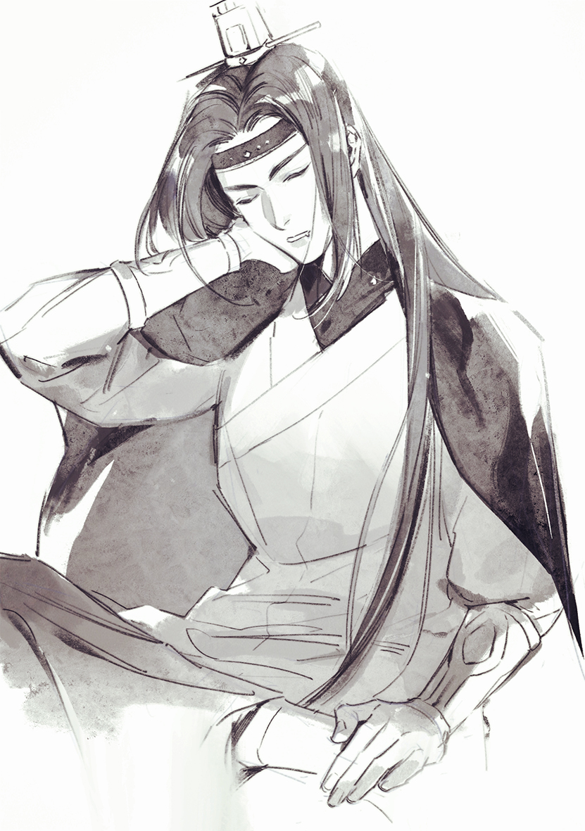 1boy arm_up bean_mr12 black_hair closed_eyes crossed_legs greyscale lanxi_zhen long_hair long_sleeves monochrome parted_lips simple_background solo the_legend_of_luo_xiaohei white_background wuxian_(the_legend_of_luoxiaohei)