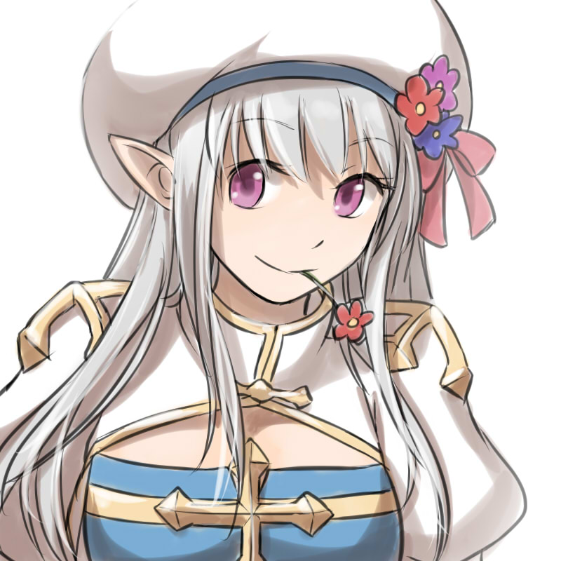 1girl arch_bishop_(ragnarok_online) bangs blue_dress blue_flower breasts cleavage_cutout closed_mouth clothing_cutout commentary_request cross dress eyebrows_visible_through_hair flower flower_in_mouth grey_hair hat hat_flower juliet_sleeves long_hair long_sleeves looking_at_viewer medium_breasts natsuya_(kuttuki) pink_eyes pointy_ears puffy_sleeves purple_flower ragnarok_online red_flower simple_background smile solo two-tone_dress upper_body white_background white_dress white_headwear