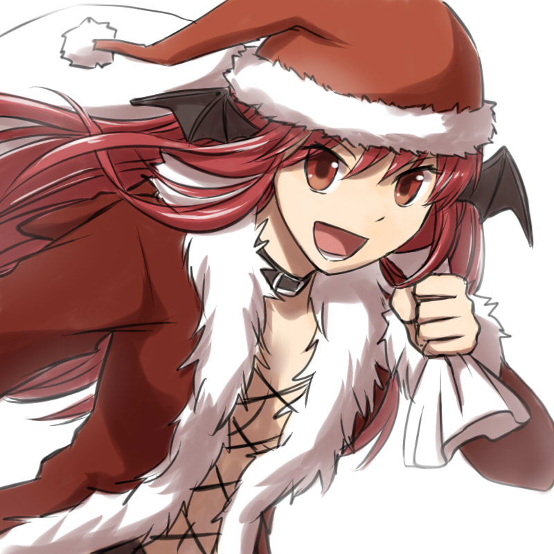 1girl :d bangs bat_wings belt belt_collar black_belt black_wings coat collar commentary_request eyebrows_visible_through_hair fur-trimmed_coat fur_trim grin hat head_wings holding long_hair looking_at_viewer natsuya_(kuttuki) navel open_mouth ragnarok_online red_coat red_eyes redhead rogue_(ragnarok_online) santa_hat simple_background smile solo upper_body white_background wings