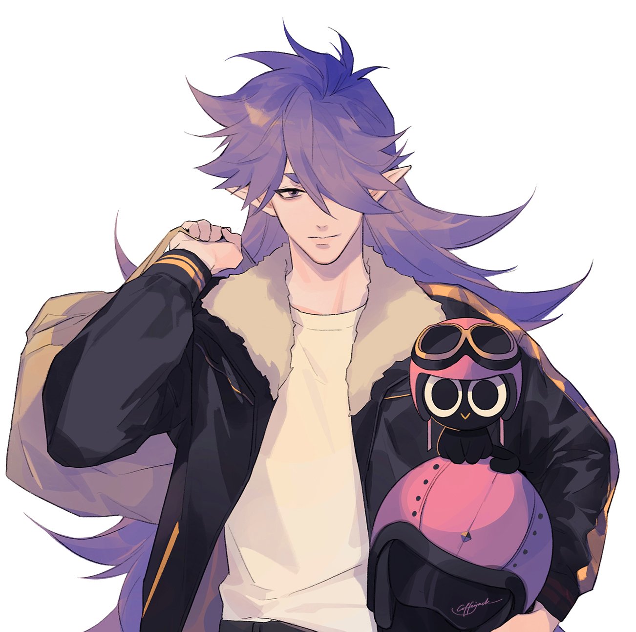 2boys arm_up bag bean_mr12 black_cat black_coat cat coat fengxi_(the_legend_of_luoxiaohei) hair_over_one_eye helmet highres holding holding_bag holding_helmet long_hair looking_at_viewer luoxiaohei multiple_boys pointy_ears purple_hair shadow shirt simple_background smile the_legend_of_luo_xiaohei upper_body very_long_hair white_background white_shirt