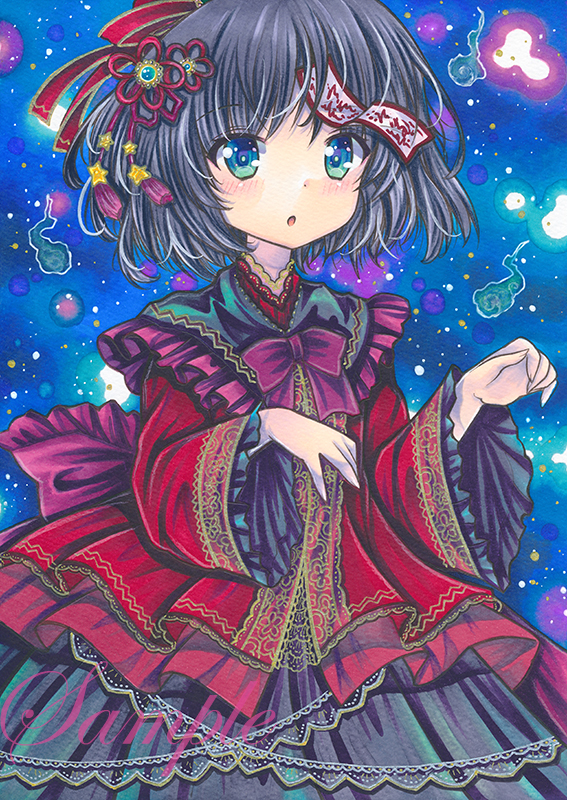1girl :o black_skirt blue_background blue_eyes blush bow bowtie chinese_clothes cowboy_shot eyebrows_visible_through_hair frilled_shirt_collar frilled_sleeves frills grey_hair hair_ribbon hitodama long_sleeves looking_at_viewer marker_(medium) miyako_yoshika no_hat no_headwear ofuda ofuda_on_head open_mouth outstretched_arms purple_bow purple_bowtie red_ribbon ribbon rui_(sugar3) sample short_hair skirt solo tangzhuang tassel touhou traditional_media zombie_pose