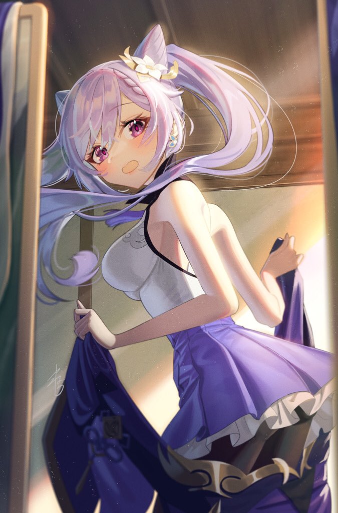 1girl bare_arms bare_shoulders black_legwear braid breasts double_bun earrings embarrassed frilled_skirt frills from_side genshin_impact hair_bun hair_ornament hairclip indoors jewelry keqing_(genshin_impact) light_rays looking_at_viewer medium_breasts mirror open_mouth purple_skirt skirt standing twintails yamahara