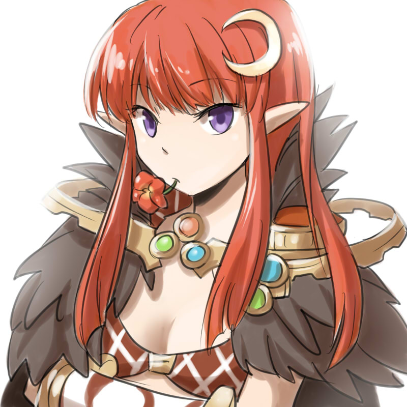 1girl argyle argyle_bra bangs bra breasts closed_mouth commentary_request crescent crescent_hair_ornament detached_sleeves eyebrows_visible_through_hair flower flower_in_mouth fur_collar hair_ornament hime_cut long_hair looking_at_viewer medium_breasts natsuya_(kuttuki) pointy_ears ragnarok_online red_bra red_flower redhead sidelocks simple_background solo sorcerer_(ragnarok_online) underwear upper_body violet_eyes white_background white_sleeves
