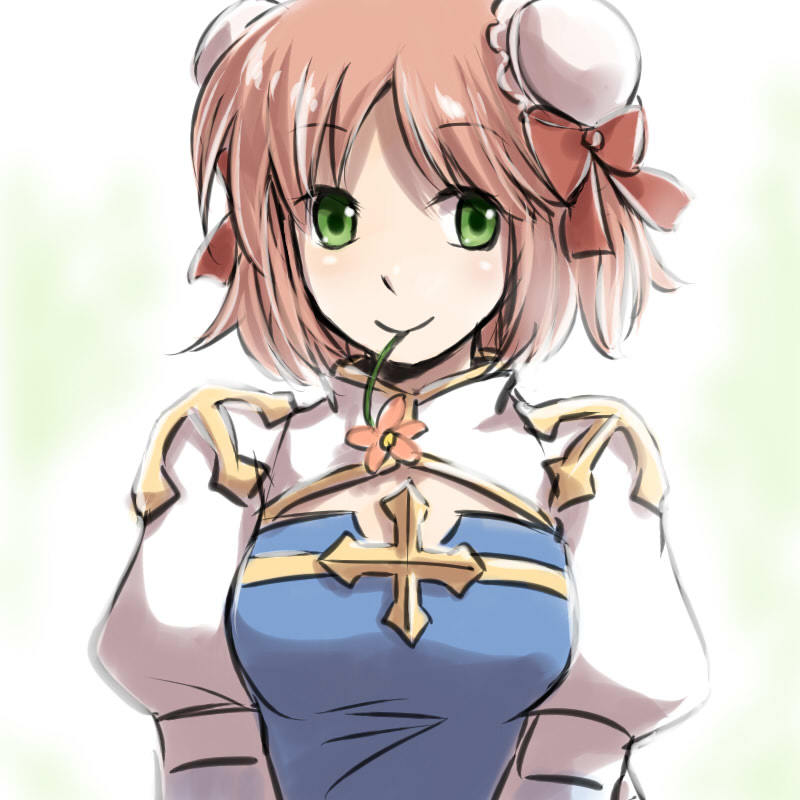 1girl arch_bishop_(ragnarok_online) bangs blue_dress bow breasts bun_cover cleavage_cutout closed_mouth clothing_cutout commentary_request cross double_bun dress eyebrows_visible_through_hair flower flower_in_mouth green_eyes hair_bow juliet_sleeves long_sleeves looking_at_viewer medium_breasts natsuya_(kuttuki) pink_flower pink_hair puffy_sleeves ragnarok_online red_bow short_hair smile solo two-tone_dress upper_body white_background white_dress