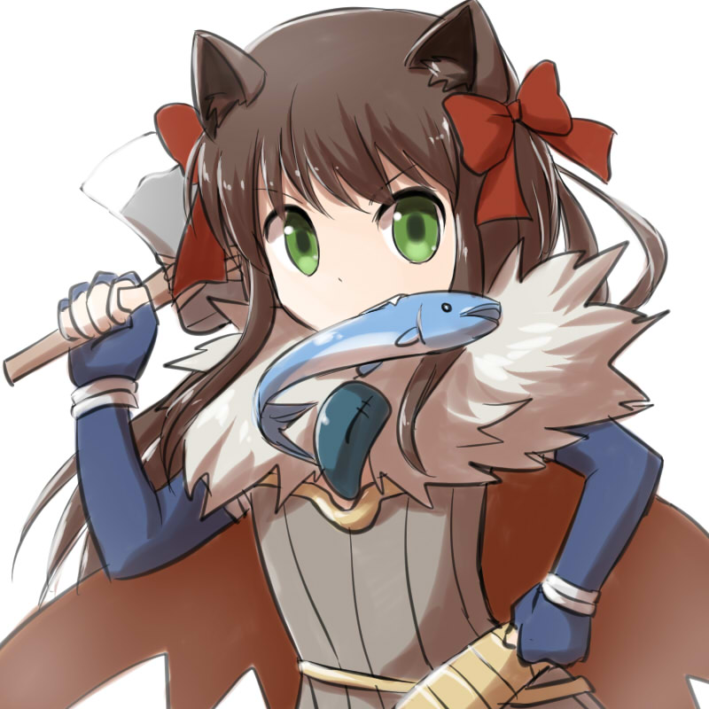 1girl alchemist_(ragnarok_online) animal_ears axe bangs blue_gloves bow brown_cape brown_dress cape cat_ears clenched_hand commentary_request dress elbow_gloves eyebrows_visible_through_hair fingerless_gloves fish fish_in_mouth fur_collar gloves green_eyes hair_bow hand_on_hip holding holding_axe long_hair looking_at_viewer natsuya_(kuttuki) ragnarok_online red_bow simple_background solo strapless strapless_dress upper_body white_background