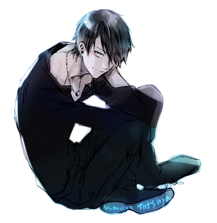 1boy black_footwear black_hair black_pants black_shirt character_name crossed_ankles english_commentary from_side full_body grey_eyes hair_over_one_eye hand_up himuro_tatsuya hunched_over jewelry knees_up kuroko_no_basuke long_sleeves looking_at_viewer male_focus mole mole_under_eye necklace one_eye_covered pants pendant shirt shoe_soles short_hair simple_background sitting sketch smile solo white_background yooani