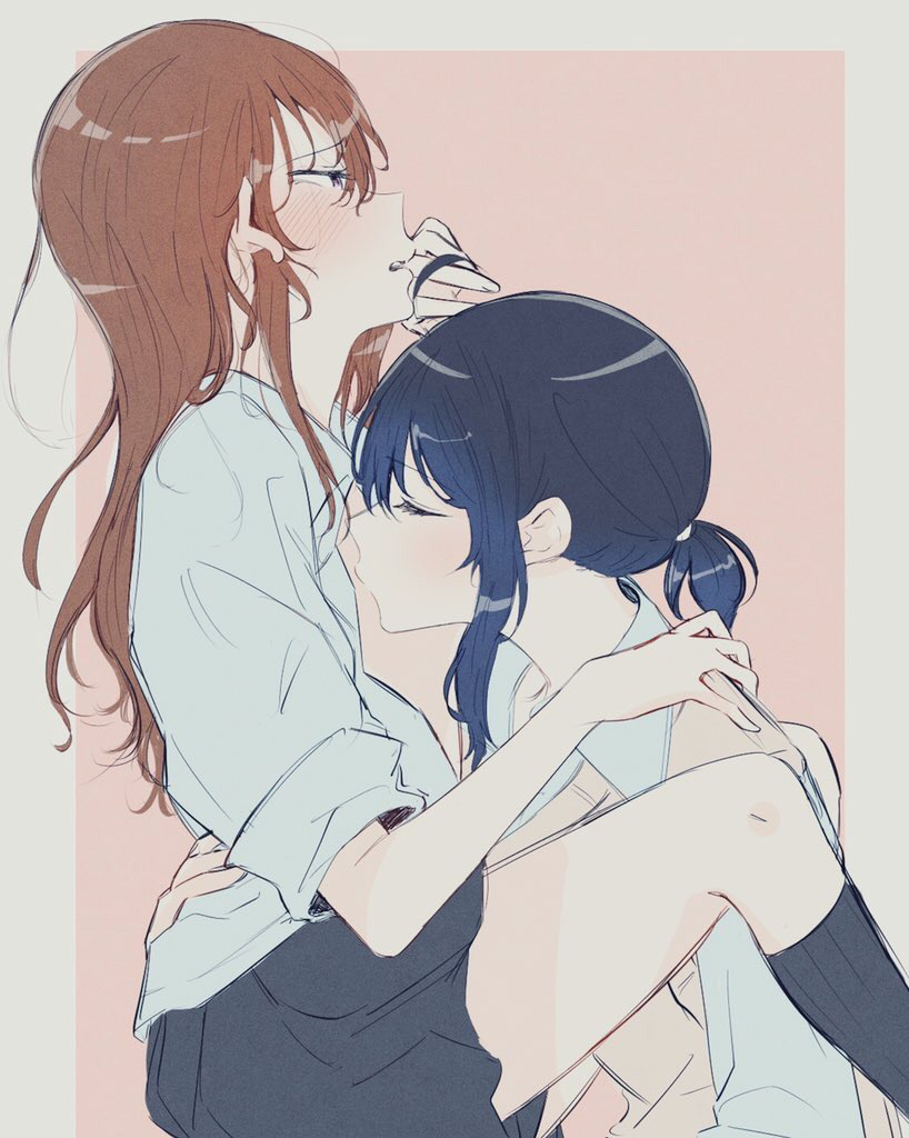 2girls black_hair black_skirt blue_hair blue_shirt blush border brown_hair brown_sweater_vest collared_shirt commentary_request from_side gradient_hair grey_border hand_on_another's_shoulder kissing_breast long_hair miyama09215 multicolored_hair multiple_girls open_clothes open_shirt original parted_lips pink_background school_uniform shirt short_ponytail skirt sleeves_rolled_up sweater_vest yuri