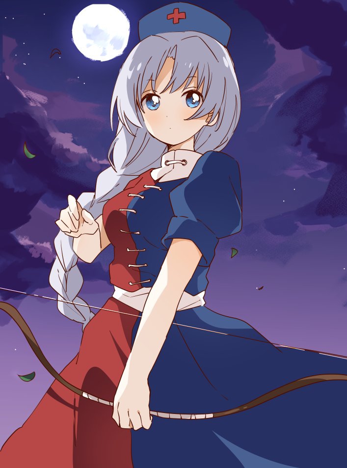 1girl blue_eyes blue_headwear bow_(weapon) braid dress full_moon hat holding holding_bow_(weapon) holding_weapon long_hair moon multicolored_clothes multicolored_dress night nurse_cap puffy_short_sleeves puffy_sleeves purple_sky red_cross sasaki_sakiko short_sleeves silver_hair single_braid solo touhou very_long_hair weapon yagokoro_eirin