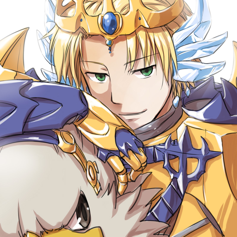 1boy armor bangs blonde_hair breastplate closed_mouth commentary_request crown earrings eyebrows_visible_through_hair gauntlets green_eyes griffin gryphon_(ragnarok_online) jewelry looking_at_viewer natsuya_(kuttuki) parted_bangs pauldrons ragnarok_online royal_guard_(ragnarok_online) short_hair shoulder_armor simple_background smile upper_body white_background