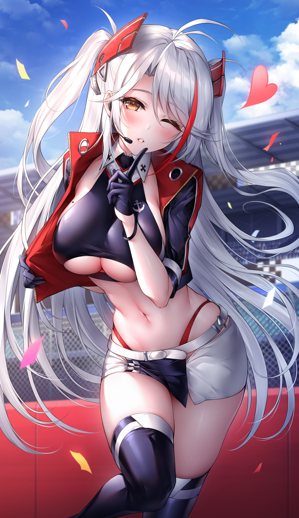 1girl antenna_hair azur_lane bangs blue_sky breasts brown_eyes clouds collared_shirt commentary_request confetti crop_top cropped_jacket day eyebrows_visible_through_hair finger_to_mouth floating_hair gloves headgear headset heart highleg highres index_finger_raised jacket large_breasts long_hair looking_at_viewer miniskirt mole mole_on_breast multicolored_hair navel official_alternate_costume one_eye_closed open_clothes open_jacket oyuwari panty_straps parted_lips prinz_eugen_(azur_lane) prinz_eugen_(final_lap)_(azur_lane) purple_gloves purple_jacket purple_legwear redhead shirt short_sleeves shushing silver_hair skirt sky sleeveless sleeveless_shirt solo standing stomach streaked_hair thigh-highs two_side_up under_boob very_long_hair white_skirt