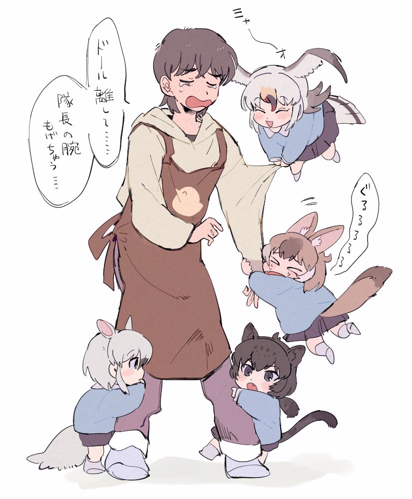 1boy 4girls alternate_costume animal_ears anteater_ears anteater_tail apron bald_eagle_(kemono_friends) beige_hoodie bird_girl bird_tail bird_wings black_hair black_jaguar_(kemono_friends) blonde_hair blue_shirt blue_skirt blush brown_apron brown_eyes brown_hair captain_(kemono_friends) child closed_eyes commentary_request dhole_(kemono_friends) dog_ears dog_girl dog_tail extra_ears fang flying grey_hair hair_between_eyes head_wings hood hood_down jaguar_ears jaguar_print jaguar_tail kamutyome7 kemono_friends kemono_friends_3 kindergarten_uniform long_sleeves multicolored_hair multiple_girls open_mouth pants pleated_skirt purple_pants redhead shirt shirt_tug short_hair sidelocks skirt southern_tamandua_(kemono_friends) tail translation_request white_hair wings younger