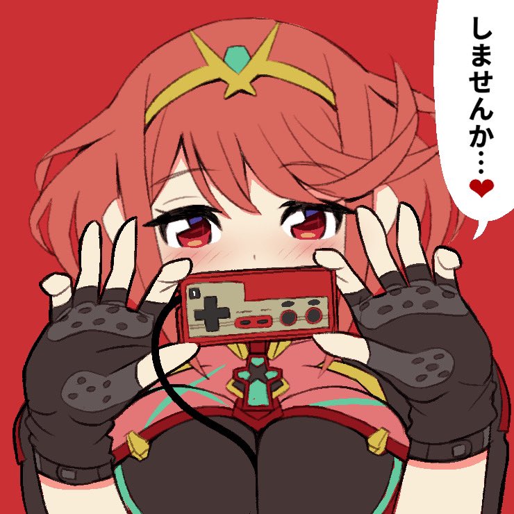1girl bangs breasts cable chest_jewel controller fingerless_gloves gloves large_breasts ma2acworks nintendo pyra_(xenoblade) red_background red_eyes redhead short_hair simple_background solo swept_bangs xenoblade_chronicles_(series) xenoblade_chronicles_2