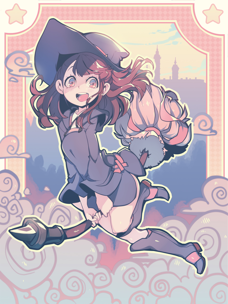 1girl :d blush boots broom broom_riding brown_eyes brown_hair clouds commentary dress english_commentary full_body happy hat highres kagari_atsuko knee_boots little_witch_academia long_sleeves neck_ribbon open_mouth parororo ribbon sky smile solo star_(symbol) teeth witch witch_hat