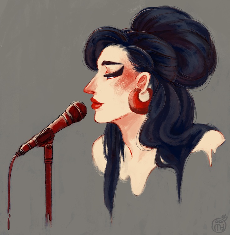 1girl amy_winehouse artist_request beehive_hairdo earrings jewelry microphone pixiv red_lipstick_tube singer solo
