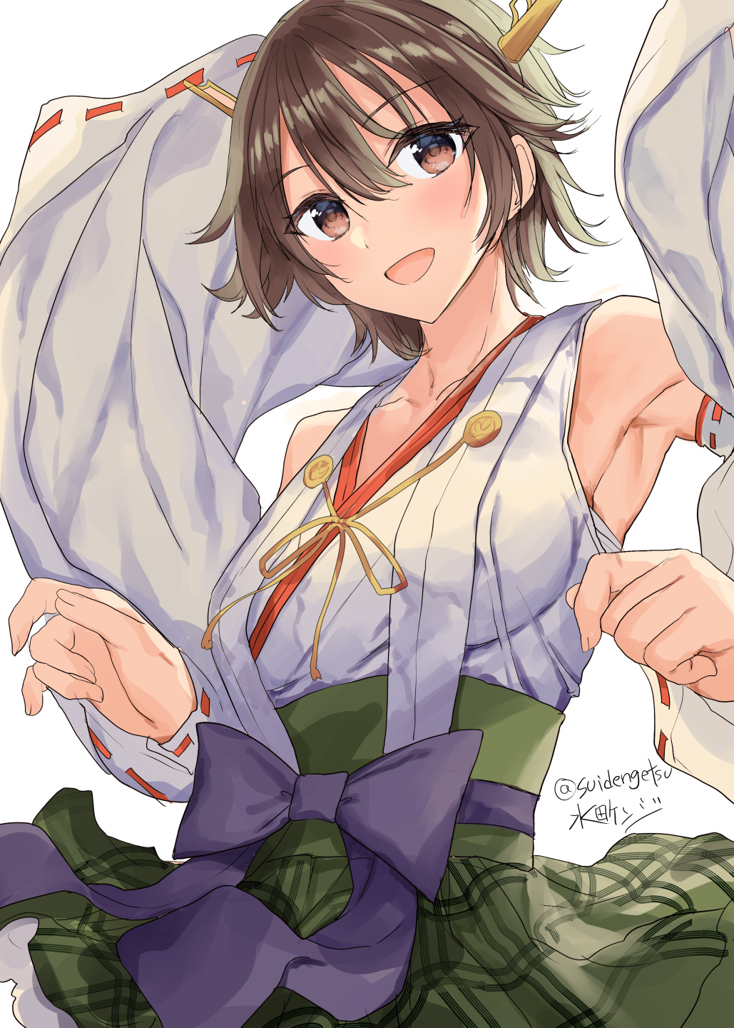 1girl artist_name brown_hair commentary_request cowboy_shot dated detached_sleeves flipped_hair green_skirt hairband headgear hiei_(kancolle) highres japanese_clothes kantai_collection looking_at_viewer mizuta_kenji one-hour_drawing_challenge plaid plaid_skirt ribbon-trimmed_sleeves ribbon_trim short_hair simple_background skirt solo white_background