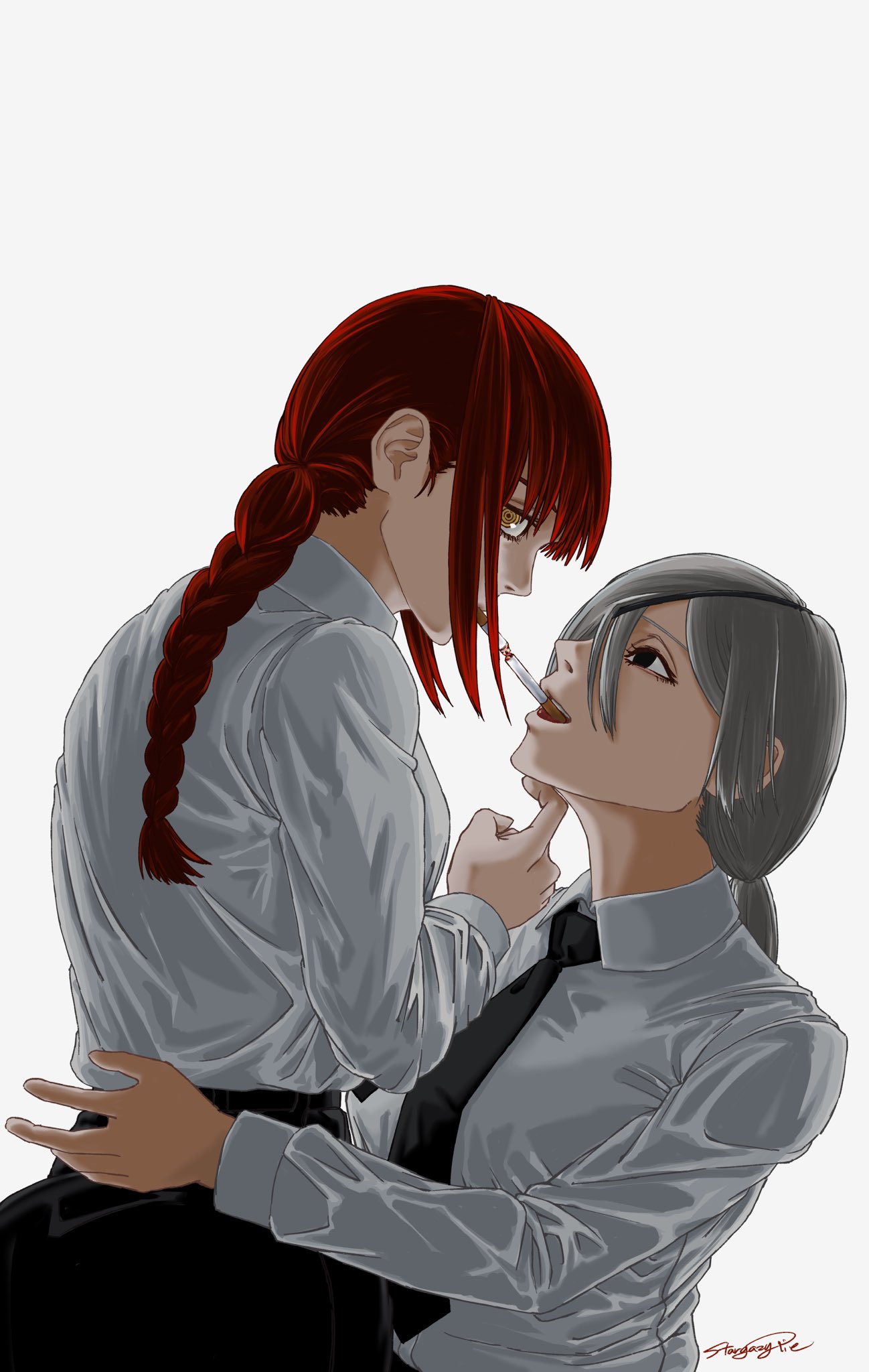 2girls ass bangs black_eyepatch black_necktie black_neckwear braid braided_ponytail brown_hair business_suit chainsaw_man cigarette cigarette_kiss couple eyepatch formal girl_on_top hair_between_eyes hand_on_another's_chin highres long_hair looking_at_viewer makima_(chainsaw_man) multiple_girls necktie office_lady open_mouth ponytail quanxi_(chainsaw_man) ringed_eyes serious shirt_tucked_in smile smoking stargazypie_u suit white_hair yellow_eyes yuri