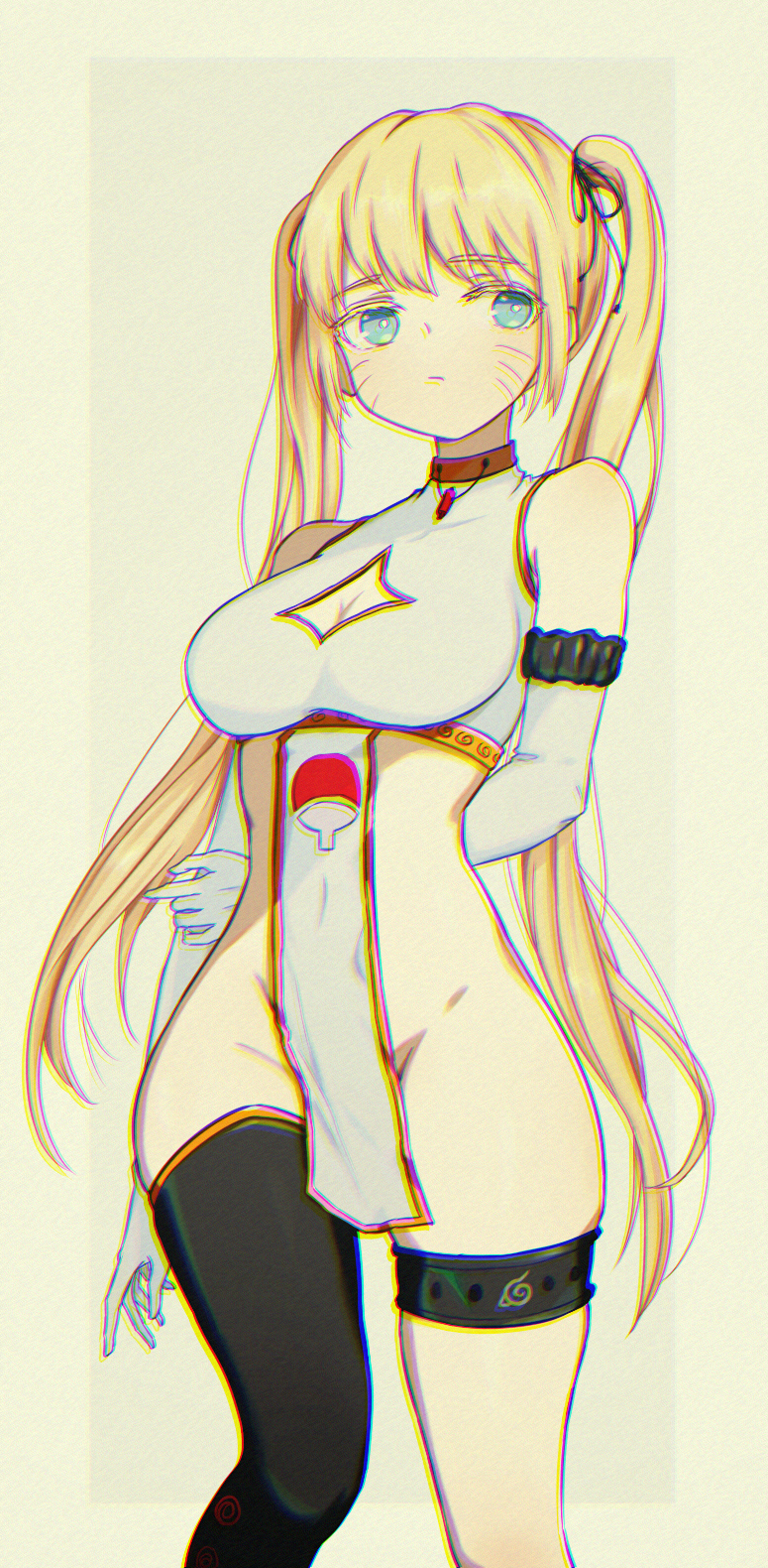 1girl bare_shoulders blonde_hair blurry breasts commentary_request covered_navel elbow_gloves eyebrows_visible_through_hair feet_out_of_frame gloves highres kotomeiro large_breasts naruko_(naruto) naruto naruto_(series) no_panties single_thighhigh sleeveless solo thigh-highs thigh_strap twintails uchiha_symbol