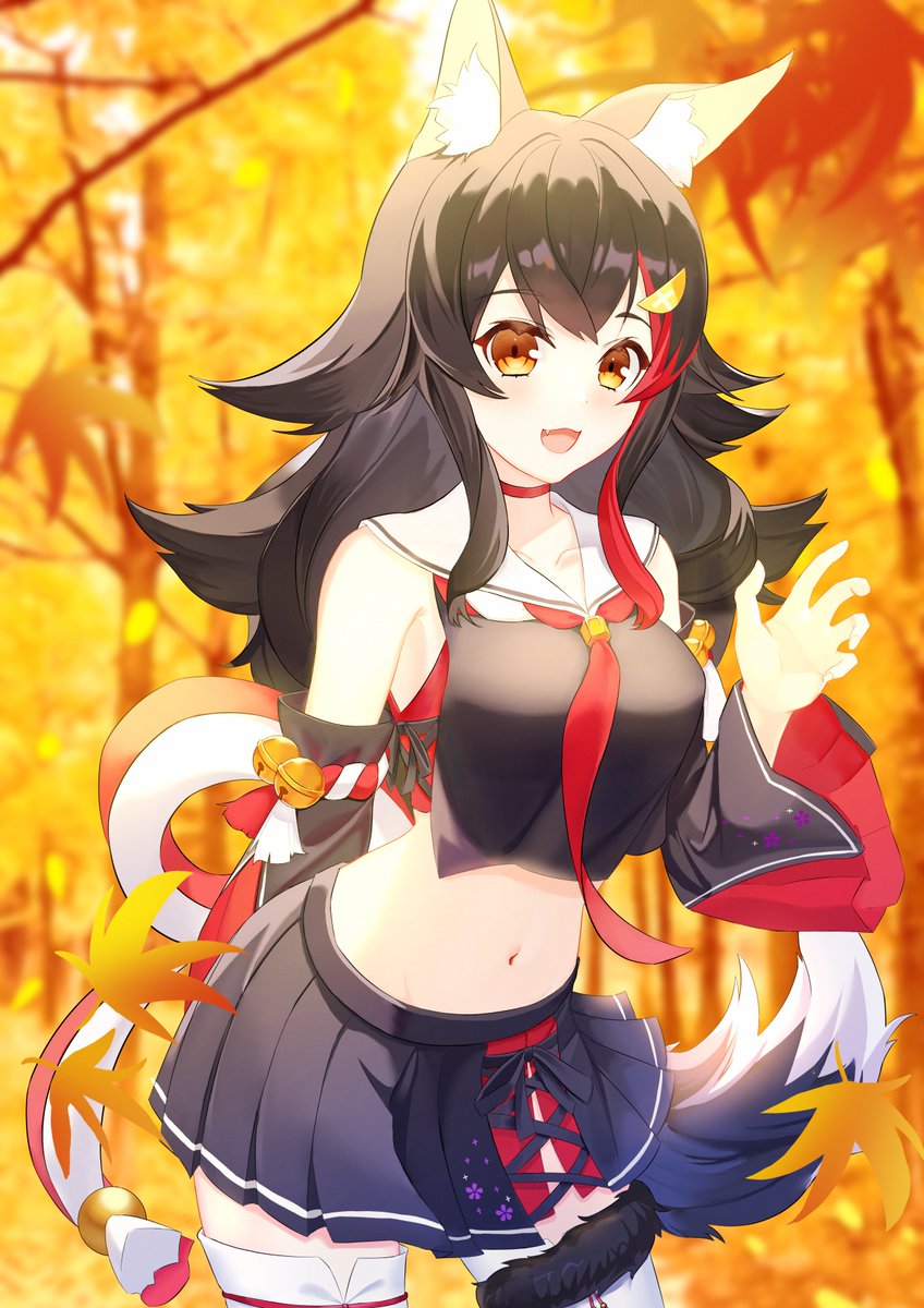 1girl :3 animal_ears autumn autumn_leaves bangs bell black_hair black_ribbon black_serafuku black_shirt black_skirt black_sleeves choker cropped_shirt detached_sleeves falling_leaves fang flipped_hair hair_between_eyes hair_ornament hairclip highres hololive jiang_ye_kiri jingle_bell leaf long_hair looking_at_viewer low-tied_long_hair midriff miniskirt multicolored_hair multiple_tails navel neckerchief necktie ookami_mio open_mouth pleated_skirt red_choker red_neckerchief red_necktie red_neckwear red_shirt redhead ribbon rope sailor_collar sailor_shirt school_uniform serafuku shimenawa shirt side_slit skirt sleeveless smile solo stomach streaked_hair tail tail_around_leg tail_wrap thigh-highs very_long_hair virtual_youtuber white_legwear wide_sleeves wolf_ears wolf_girl wolf_tail yellow_eyes