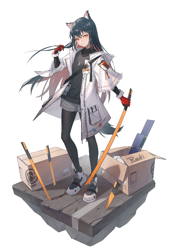 1girl animal_ear_fluff animal_ears arknights artist_name bangs black_hair black_legwear black_shirt box brown_eyes cardboard_box chinese_commentary colored_inner_hair commentary_request full_body gloves hand_up holding holding_sword holding_weapon id_card jacket long_hair long_sleeves looking_at_viewer multicolored_hair official_alternate_costume open_clothes open_jacket pantyhose penguin_logistics_logo planted planted_sword red_gloves redhead redi_77 shadow shirt shoes short_shorts shorts shoulder_strap sneakers solo standing sword tail texas_(arknights) texas_(winter_messenger)_(arknights) two-tone_hair weapon white_background white_footwear white_jacket white_shorts wide_sleeves wolf_ears wolf_tail