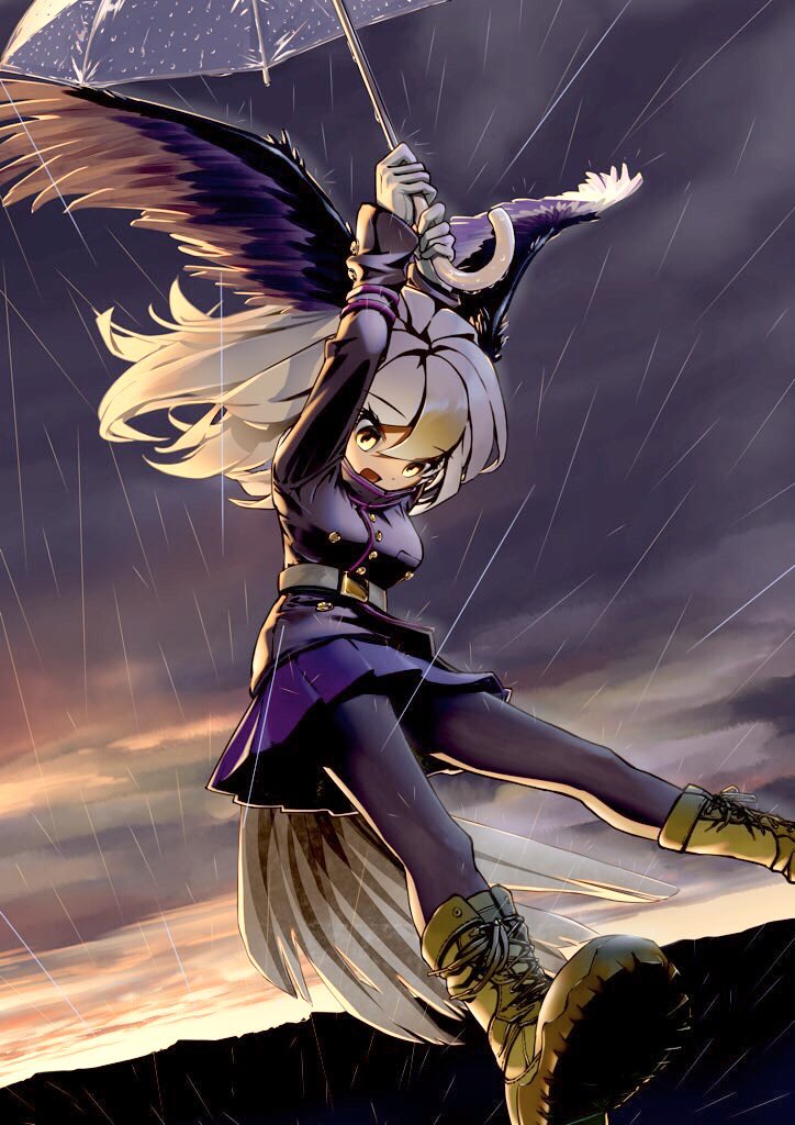 1girl 910m27r arms_up backlighting bald_eagle_(kemono_friends) bangs belt bird_girl bird_tail bird_wings blonde_hair buttons clouds cloudy_sky dutch_angle eyebrows_visible_through_hair eyelashes gloves hair_between_eyes head_wings holding holding_umbrella horizon jacket kemono_friends long_hair looking_at_viewer looking_down midair miniskirt multicolored_hair open_mouth outdoors pantyhose pleated_skirt rain shoes skirt sky smile solo spread_legs spread_wings tail transparent transparent_umbrella twilight two-tone_hair umbrella water white_hair wings yellow_eyes