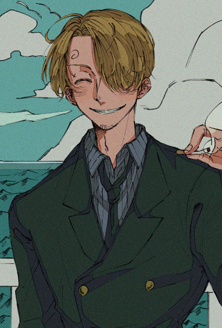 1boy ^_^ blonde_hair cigarette closed_eyes facial_hair formal grin hair_over_one_eye hiraharu holding holding_cigarette male_focus necktie ocean one_piece outdoors sanji smile smoking solo suit