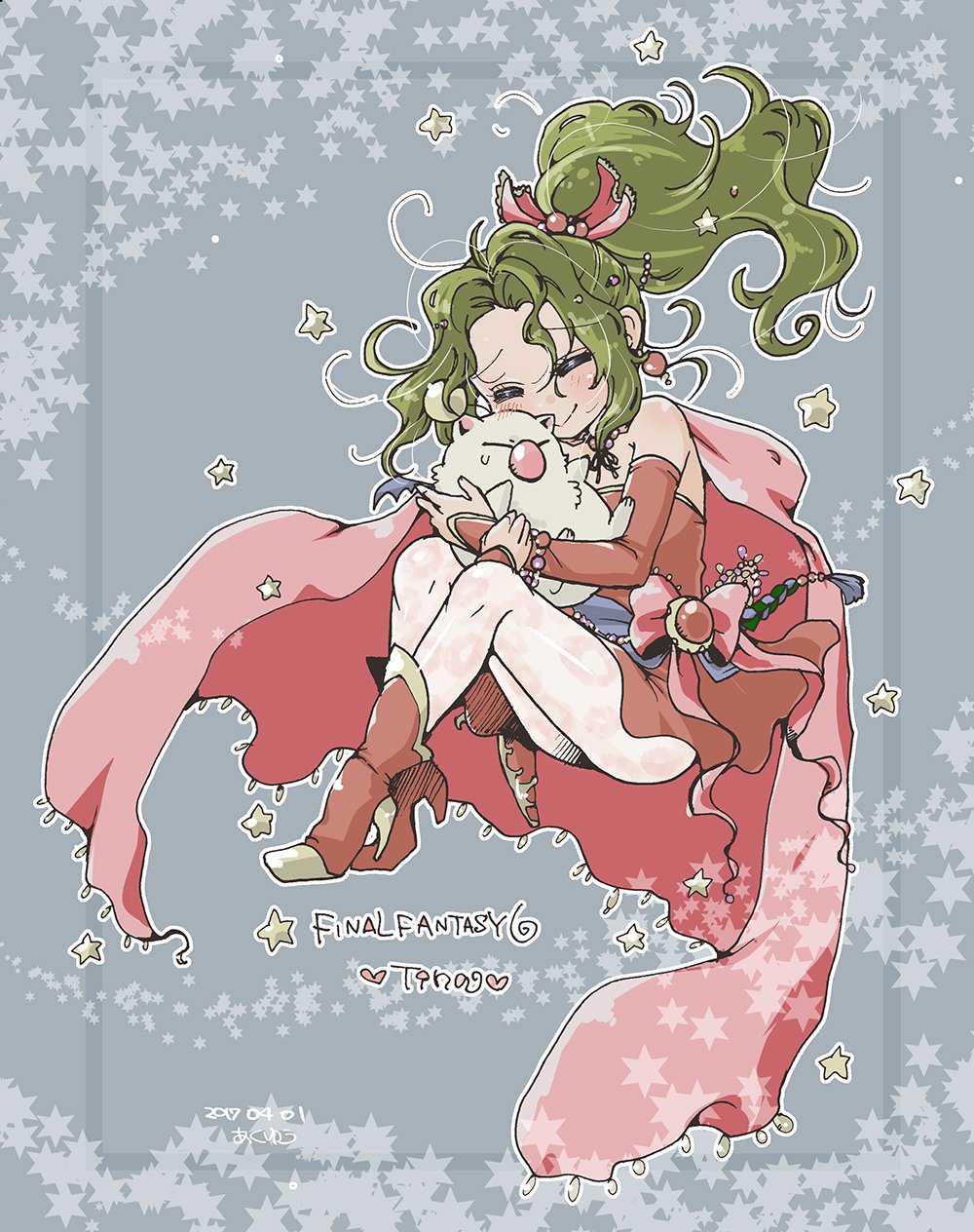 1girl akuyuu_(akuyuworld) bare_shoulders cape closed_mouth detached_sleeves dress earrings elbow_gloves final_fantasy final_fantasy_vi gloves green_hair hair_ribbon high_heels highres jewelry long_hair mog moogle pantyhose ponytail ribbon smile tina_branford