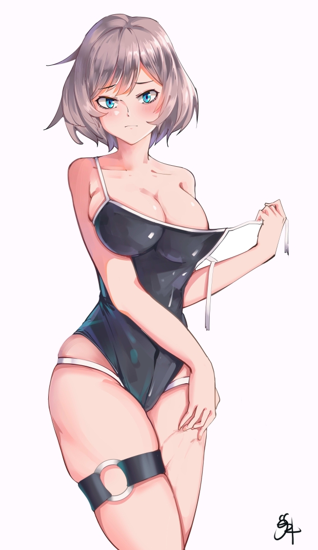 black_swimsuit breasts gridman_universe large_breasts mujina o-ring o-ring_legwear one-piece_swimsuit school_swimsuit shi_huaan_ling_feeng short_hair silver_hair skindentation ssss.dynazenon swimsuit thigh_strap torn_clothes torn_swimsuit