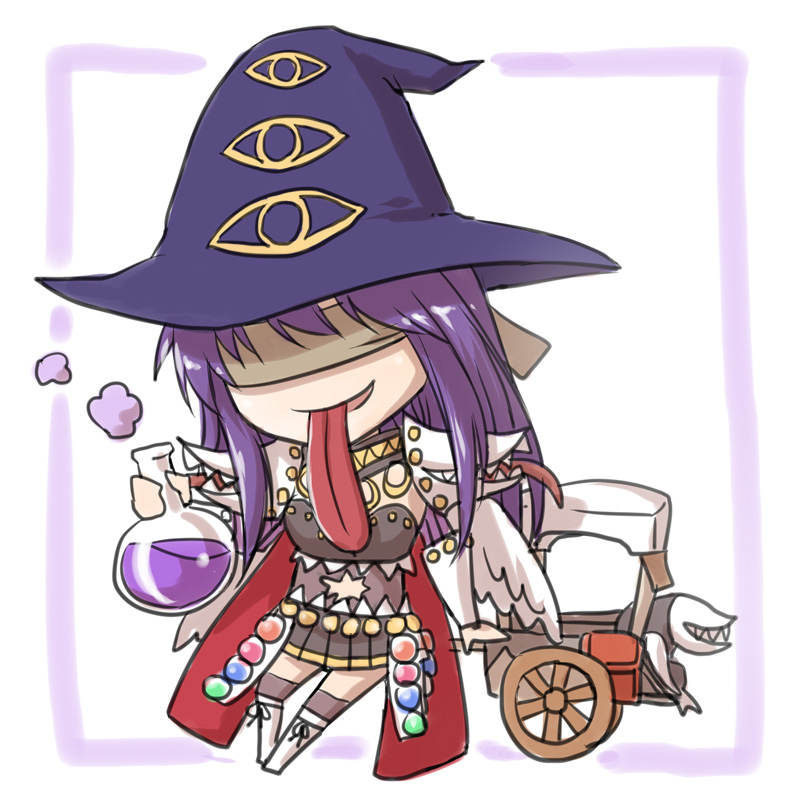 1girl armor bangs blindfold boots bottle breasts brown_legwear brown_skirt chibi commentary_request creature eye_print flask full_body genetic_(ragnarok_online) hat hodremlin holding holding_bottle living_clothes long_hair medium_breasts midriff miniskirt natsuya_(kuttuki) open_mouth pauldrons potion pullcart purple_hair purple_headwear ragnarok_online round-bottom_flask shoulder_armor skirt smile standing teeth thigh-highs tongue tongue_out vambraces white_background white_footwear witch_hat