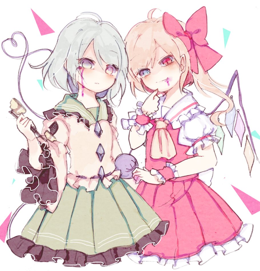 2girls ascot back_bow blonde_hair blood blood_from_eyes blood_from_mouth blue_eyes bow collared_shirt corded_phone crystal eyeball flandre_scarlet frilled_shirt frilled_shirt_collar frilled_skirt frilled_sleeves frills green_eyes green_skirt hair_bow heart heart_of_string heterochromia komeiji_koishi long_sleeves multiple_girls no_hat no_headwear one_side_up phone puffy_short_sleeves puffy_sleeves red_bow red_eyes red_skirt red_vest shirt short_hair short_sleeves silver_hair skirt sorani_(kaeru0768) third_eye touhou vest wavy_hair white_bow white_shirt wide_sleeves wings wrist_cuffs yellow_ascot yellow_shirt