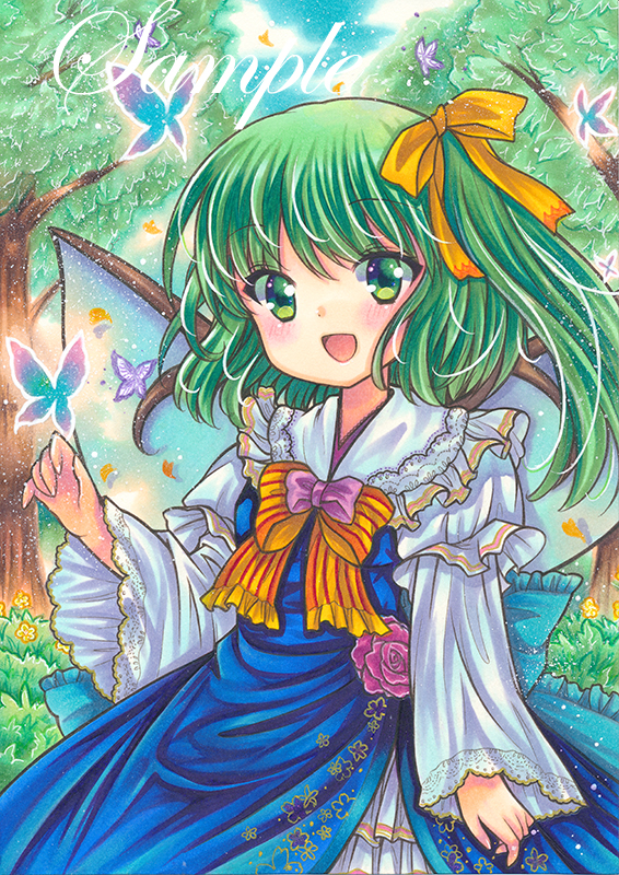 1girl :d blue_dress blue_sky bow bowtie bug butterfly cowboy_shot daiyousei day dress eyebrows_visible_through_hair fairy_wings flower frilled_bowtie frilled_shirt_collar frills glowing_butterfly green_eyes green_hair green_theme hair_ribbon juliet_sleeves layered_clothing long_sleeves looking_at_viewer marker_(medium) medium_hair open_mouth orange_bow orange_bowtie orange_ribbon outdoors puffy_sleeves purple_flower ribbon rui_(sugar3) sample sky smile solo touhou traditional_media tree wide_sleeves wings