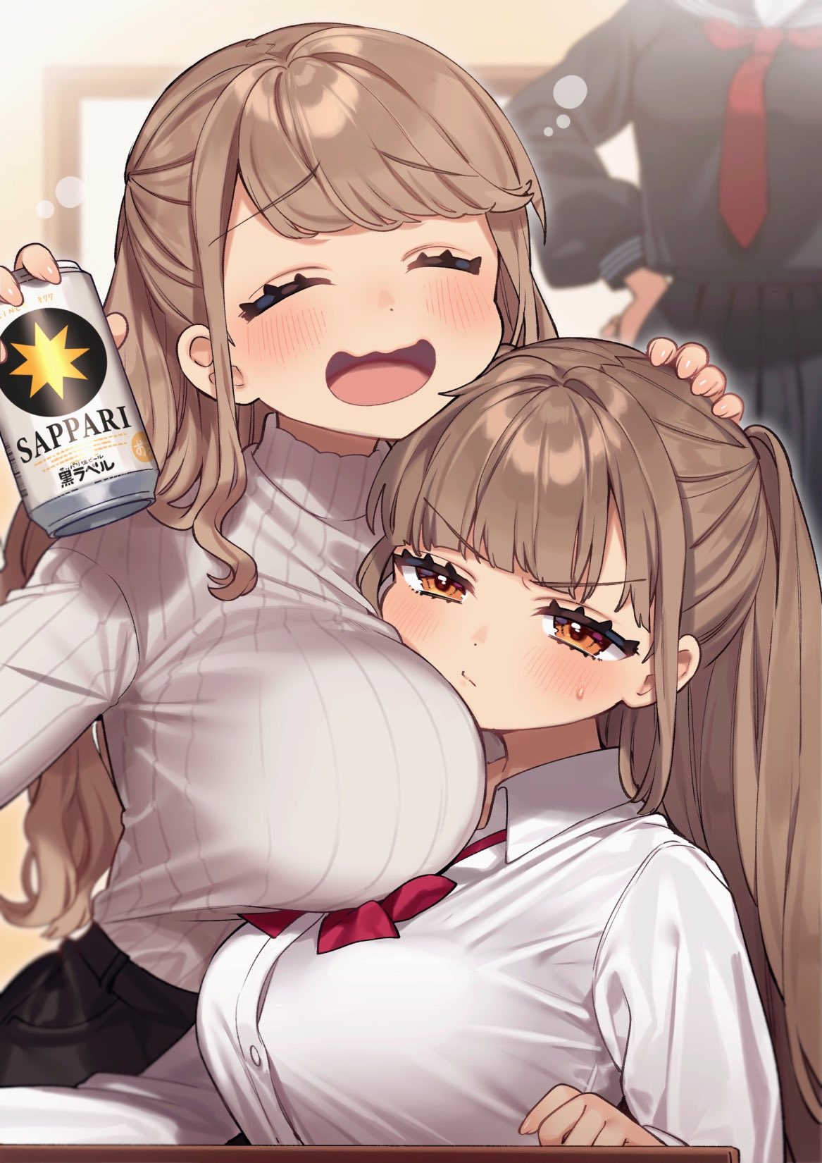 3girls alcohol bangs beer beer_can black_shirt black_skirt blunt_bangs blush breasts brown_eyes brown_hair can character_request closed_eyes closed_mouth collared_shirt commentary_request drunk eyebrows_visible_through_hair frown hand_on_another's_head hands_on_hips head_out_of_frame highres kodama_(sakura_yuki) large_breasts long_hair long_sleeves multiple_girls necktie open_mouth original pleated_skirt ponytail red_necktie ribbed_sweater sakura_yuki_(clochette) school_uniform serafuku shirt shirt_tucked_in skirt smile sweatdrop sweater swept_bangs turtleneck turtleneck_sweater wavy_mouth white_shirt