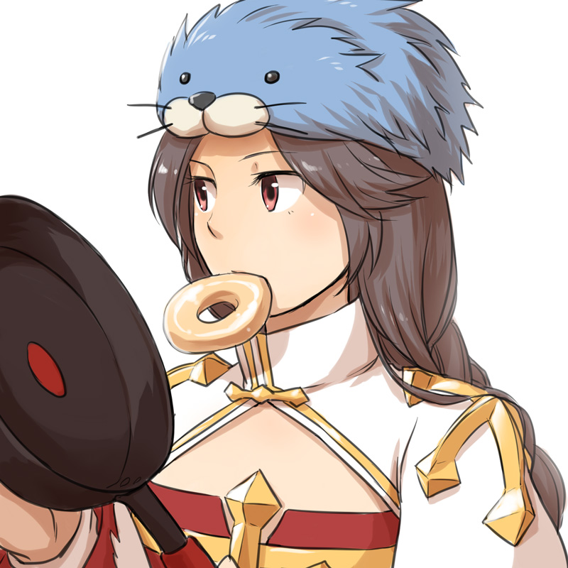 1girl arch_bishop_(ragnarok_online) braid braided_ponytail brown_eyes brown_hair cleavage_cutout clothing_cutout commentary_request cross doughnut dress expressionless food food_in_mouth frying_pan holding holding_frying_pan juliet_sleeves long_hair long_sleeves looking_to_the_side natsuya_(kuttuki) puffy_sleeves ragnarok_online seal_hat simple_background solo two-tone_dress upper_body white_background white_dress