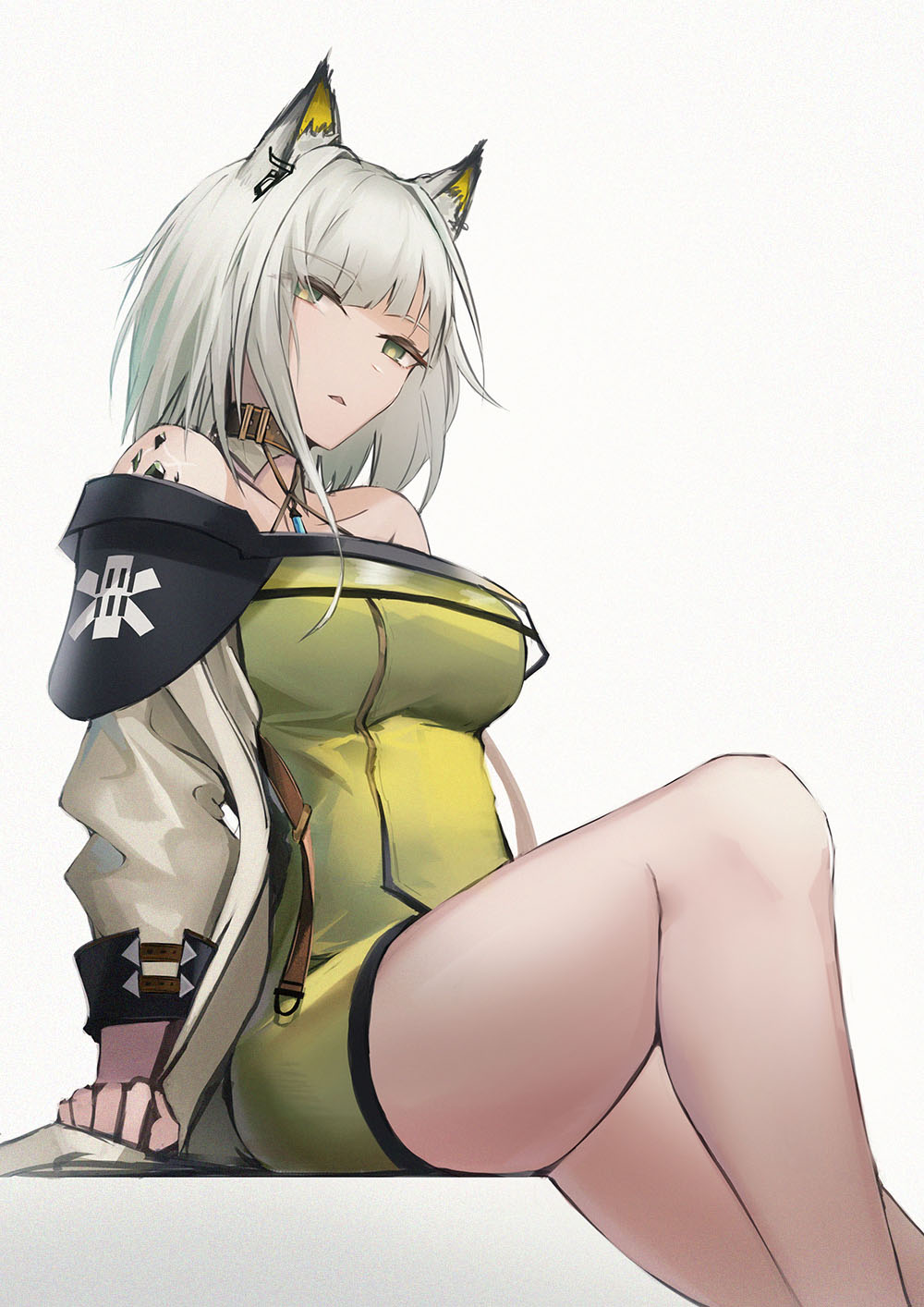 1girl animal_ear_fluff animal_ears arknights black_collar breasts cat_ears coat collar commentary dress eyebrows_visible_through_hair feet_out_of_frame green_dress green_eyes green_hair highres kal'tsit_(arknights) large_breasts lodbyy looking_at_viewer off-shoulder_dress off_shoulder open_clothes open_coat oripathy_lesion_(arknights) parted_lips short_hair simple_background sitting solo thighs white_background white_coat