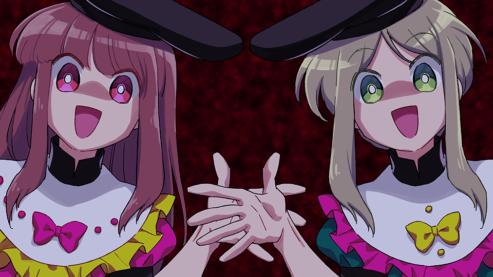 2girls bangs black_headwear bow bright_pupils brown_hair commentary_request dress eyebrows_visible_through_hair futoumeido green_dress green_eyes hand_up long_hair looking_at_viewer multiple_girls nishida_satono open_mouth pink_bow pink_dress pink_eyes shaded_face short_hair_with_long_locks smile teireida_mai touhou upper_body yellow_bow