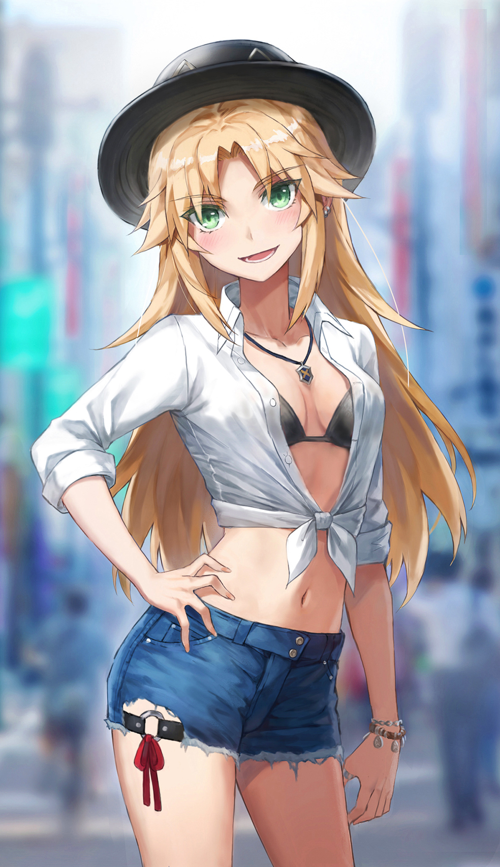 1girl bangs bikini bikini_top black_bikini black_headwear blonde_hair blue_shorts blush breasts collarbone collared_shirt commentary_request cutoffs denim denim_shorts dress_shirt eyebrows_visible_through_hair fate/apocrypha fate_(series) green_eyes hair_down hat highres jewelry long_hair long_sleeves looking_at_viewer mordred_(fate) mordred_(fate/apocrypha) navel necklace open_mouth parted_bangs shirt short_shorts shorts sidelocks small_breasts smile solo swimsuit tied_shirt tonee white_shirt