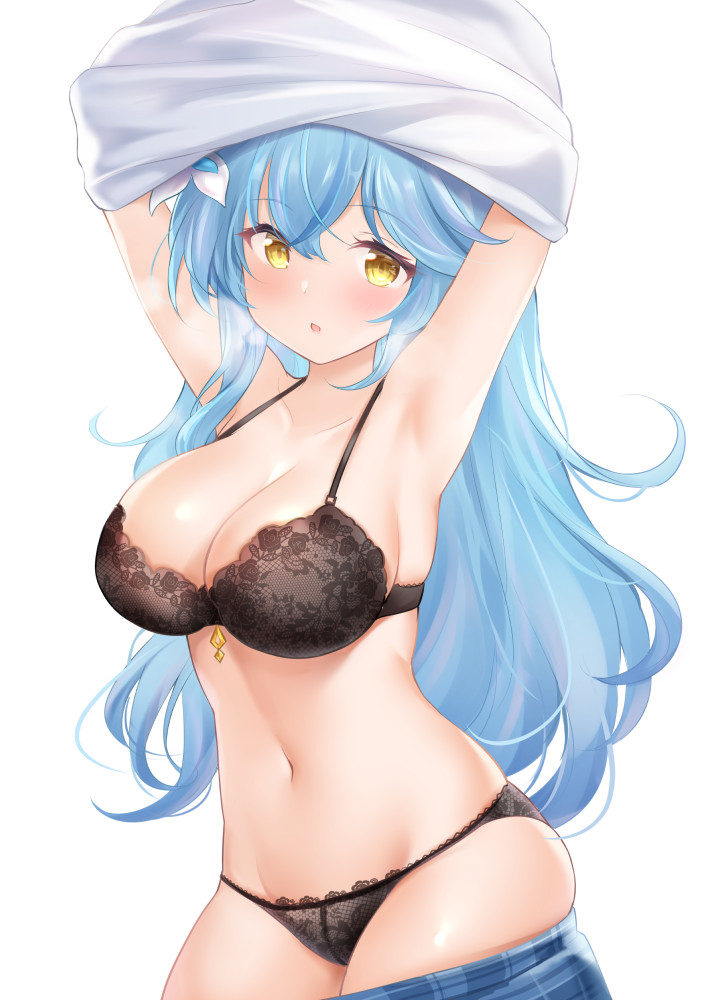 1girl armpits arms_up bangs black_bra black_panties blush bra breasts clothes_pull collarbone commentary cowboy_shot crossed_bangs eyebrows_visible_through_hair flower hair_between_eyes hair_flower hair_ornament heavy_breathing hololive large_breasts light_blue_hair long_hair looking_at_viewer navel nikoo panties parted_lips plaid plaid_skirt shirt simple_background skirt skirt_pull solo underwear undressing virtual_youtuber white_flower white_shirt yellow_eyes yukihana_lamy