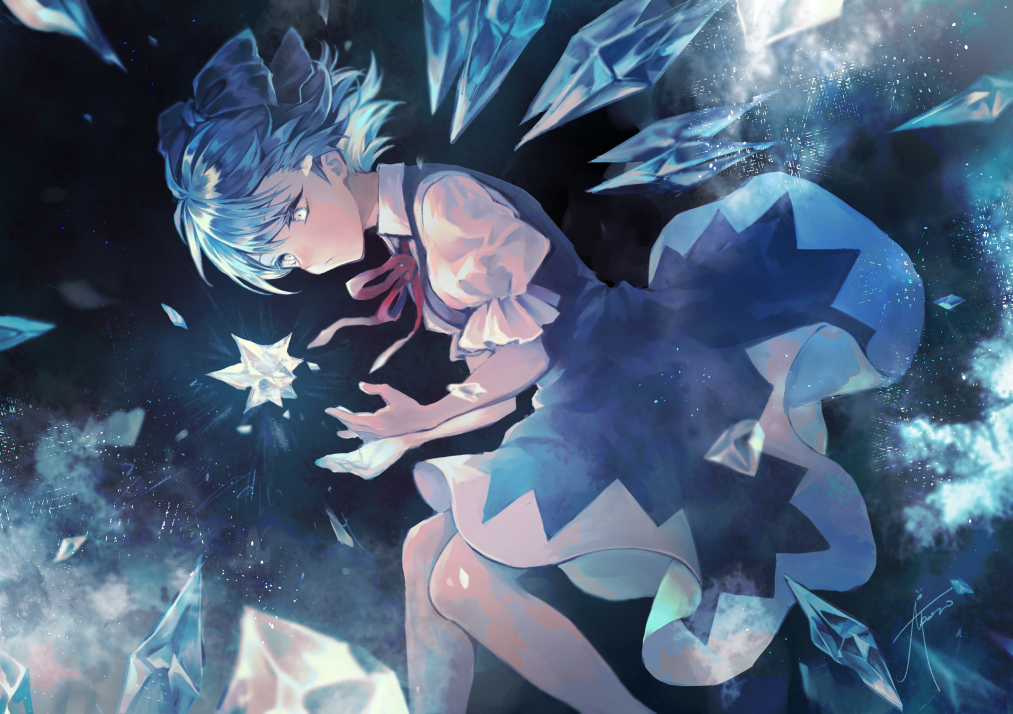 1girl bangs black_background blue_background blue_bow blue_dress blue_eyes blue_hair bow bowtie breasts cirno closed_mouth collar collared_shirt dress eyebrows_visible_through_hair flying gensou_aporo hair_between_eyes hands_up ice ice_wings light looking_to_the_side magic medium_breasts puffy_short_sleeves puffy_sleeves red_bow red_bowtie shadow shirt short_hair short_sleeves solo touhou white_shirt wings
