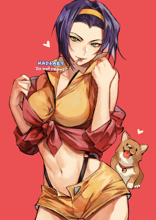 1girl animal animal_collar artist_name breasts character_name cigarette collar collarbone cowboy_bebop cowboy_shot dog ein_(cowboy_bebop) faye_valentine forehead green_eyes hand_up heart kadeart large_breasts lips looking_at_viewer midriff navel purple_hair red_background short_hair shorts simple_background solo suspenders tongue tongue_out yellow_headband yellow_shorts